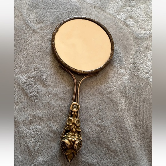 Vintage or Antique Victorian Portrait Art Gold-Tone Hand Mirror - Some Crazing - Picture 7 of 10